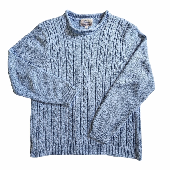 Vintage 1990s Rolled-Neck Pullover Sweater Women XL Marled Blue Cable Knit - Picture 1 of 6
